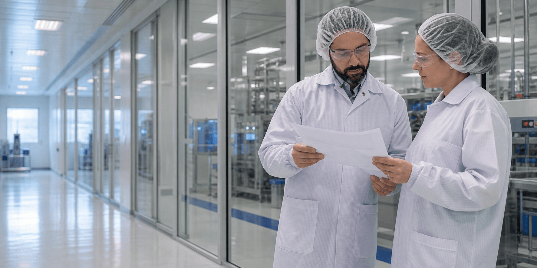 Concept image of two pharmaceutical professionals reviewing technical material